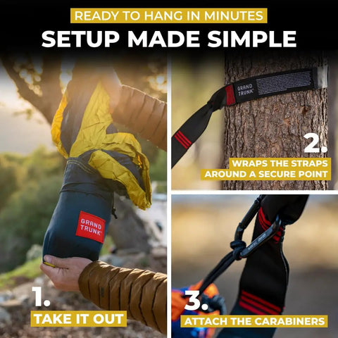 Double Deluxe Camping Hammock For Two 11 Ft Long With 500 Lb Capacity setup steps with ripstop nylon bag, tree straps, and carabiners