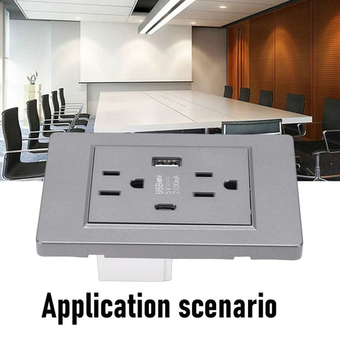 Modern Wall Outlet Featuring Integrated Usb A And Type C Fast Charge Ports 15A Dual Receptacle with USB charging visible in an office setting.