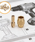 Get This 11-piece Mini Drill Chuck Collet Set With Copper Nut, showcasing gold collets on instruction manual background.