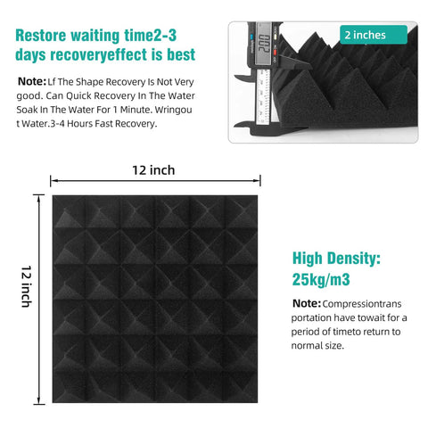 50 Pack Pyramid Acoustic Foam Panels 2 By 12 By 12 Inches For Walls And Ceilings Studio Grade Soundproofing Black, dimensions, density info