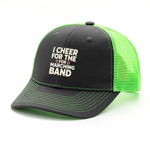 Dope Marching Band Trucker Cap for Men with Fluorescent Green Front Artwork, soft and comfortable fit, front angle view