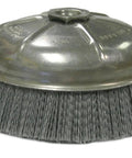 Pro-Grade Nylox Cup Brush With 6 Inch Crimped Nylon Fill 0.040 Inch 80 Grit For Smooth Finishing And Quick Stock Grinding, 5/8 Inch 11 UNC Nut, Made in the USA Built Tough For Real-World Jobs, shown from side angle.