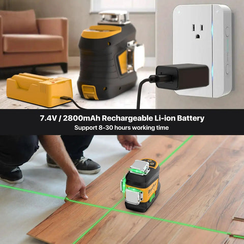 360 Self Leveling Green Cross Line Laser Level for Construction and Picture Hanging, Rechargeable Battery Lasts Up To 30 Hours, Remote Control, Magnetic Bracket, Portable Carry Bag, Pro Grade Precision at 16 Feet. 7.4V Li-ion battery charging and floor leveling