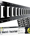 Rock Solid E Track Tie Down Rail Kit Four Pack Three Foot Heavy Duty Steel Tracks Powder Coated Black shown with packaging and rails.