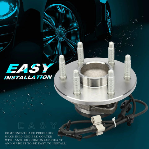 2WD Front Wheel Bearing And Hub Assembly 515054 OE Quality Fits Silverado 1500 1999 To 2006 Sierra 1500 2003 To 2013 Yukon 2000 To 2006 Escalade 2002 To 2006 6 Lug ABS 1 Piece, front view with installation components