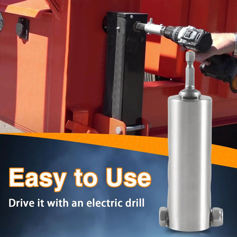 Upgraded Stainless Steel Trailer Jack Electric Drill Adapter with 1 Inch Jack Drive Shaft attached to a power drill
