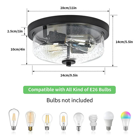 Diagram of Black Flush Mount Ceiling Light Two Light Farmhouse Outdoor Porch Fixture with Seeded Glass Shade dimensions and bulb types