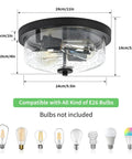 Brushed Nickel Two Light Flush Mount Ceiling Fixture With Seeded Glass Shade for Indoor Outdoor Use, bulb types shown