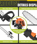 Product details of Gas Powered Pole Saw With 48cc 2 Stroke Engine, 11.5 Inch Cutting Bar, showing parts and features.