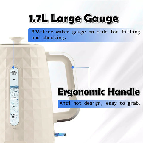 Close-up of a beige 1.7L Electric Kettle With Fast Boil 1200W For Quick Hot Water showing ergonomic handle and water gauge.
