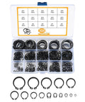Top Tier 4Mm To 28 Retaining Rings Assortment With 300 Heavy Duty Steel Circlips displaying organized steel circlips in a clear storage case.