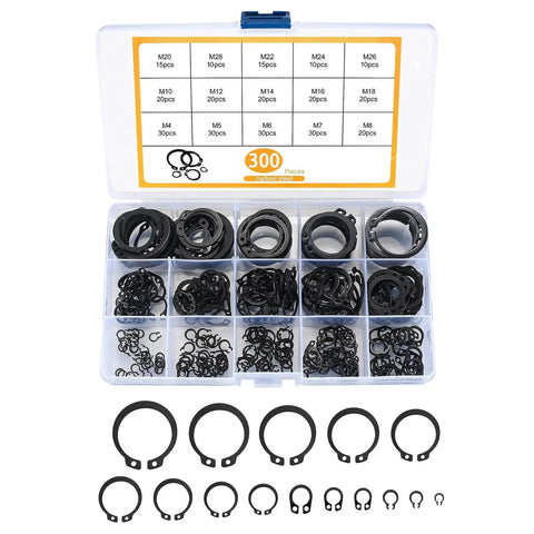 Top Tier 4Mm To 28 Retaining Rings Assortment With 300 Heavy Duty Steel Circlips displaying organized steel circlips in a clear storage case.