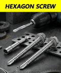 Self Drilling Screws For Metal With Hex Washer Head, Size Eight By One And A Half Inches, 410 Stainless Steel Magnetic Built Tough Heavy Duty High Strength Self Tapping Tek Screws For HVAC Roofing Wood To Steel With Waterproof Washers on metal workshop surface with tools visible