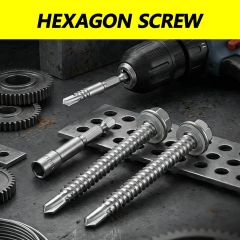 Self Drilling Screws For Metal With Hex Washer Head, Size Eight By One And A Half Inches, 410 Stainless Steel Magnetic Built Tough Heavy Duty High Strength Self Tapping Tek Screws For HVAC Roofing Wood To Steel With Waterproof Washers on metal workshop surface with tools visible