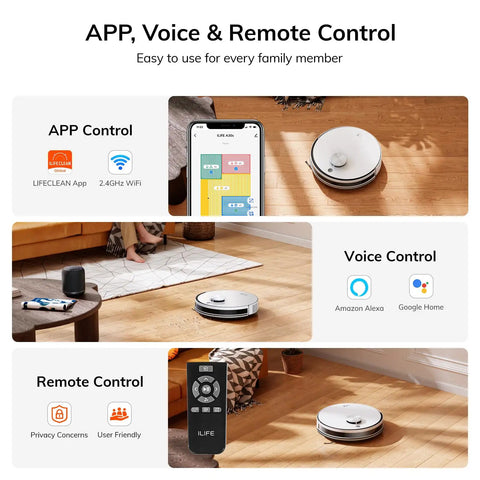 Powerful Max Suction Robot Vacuum With LiDAR Navigation And Home Mapping NoGo Zone 150 Minute Run Time 2 4G WiFi App Alexa Remote Control Ideal For Hard Floors Carpets And Pet Hair shown with app, voice, and remote control features.