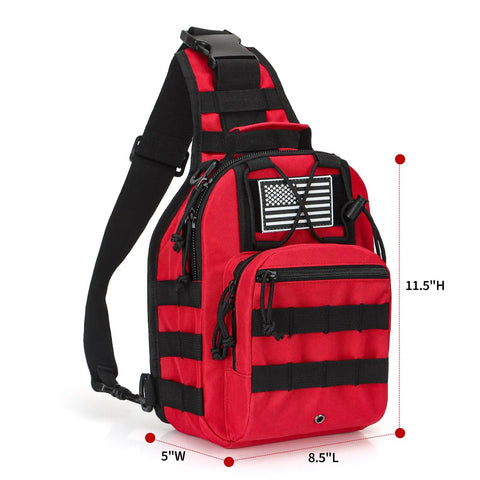 Red Tactical Medical Sling Backpack For EMS Emergency Supplies With MOLLE System measuring 11.5 x 8.5 x 5 inches