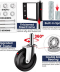 Diagram showing components of Hidden Spring Gate Wheels For Wooden Gates Heavy Duty Gate Casters With Spring Loaded Shock Absorber 4 Inch Black Wheels Supports Up To 220 Lbs Quiet Smooth Operation On Rocky Driveways And Uneven Terrain For Farm Fences