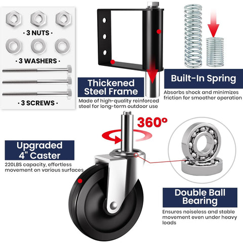 Diagram showing components of Hidden Spring Gate Wheels For Wooden Gates Heavy Duty Gate Casters With Spring Loaded Shock Absorber 4 Inch Black Wheels Supports Up To 220 Lbs Quiet Smooth Operation On Rocky Driveways And Uneven Terrain For Farm Fences
