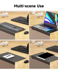 17 Inch Black Corner Desk Extender For L Shaped Workstations shows multi-scene use with keyboard, laptop, notebook, and tablet.