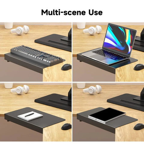 17 Inch Black Corner Desk Extender For L Shaped Workstations shows multi-scene use with keyboard, laptop, notebook, and tablet.