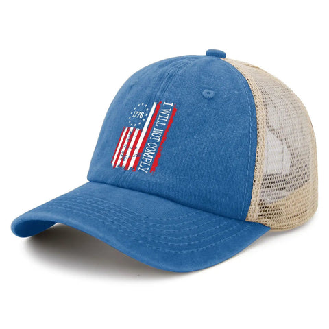 Vintage Lake Blue Trucker Hat For Men, classic cap with mesh back and adjustable buckle, casual outdoor style with USA flag design