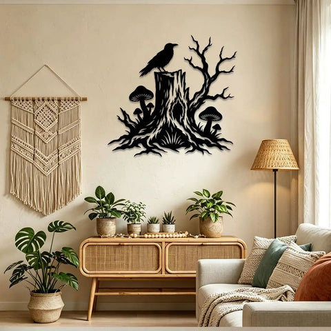 Rustic Black Raven On Tree Stump Hollow Metal Wall Art Sign Durable Cutout Home Decor For Chill Cabin Vibes Totally Sleek Powder Coating Rock Solid Steel Frame
