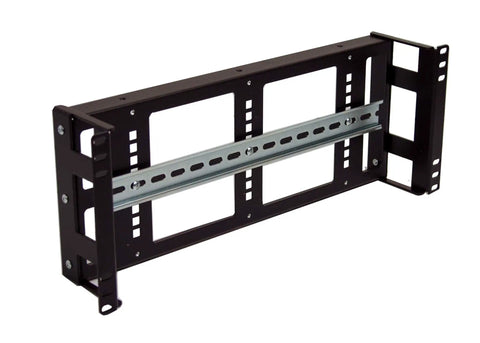 4U Rackmount Low Profile DIN Rail Panel, 3.78 Inch Depth, Heavy Duty 14 Gauge Steel, side view with EN50022 Top Hat rail