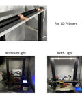 Double LED Light Bar Kit For 3D Printer Enclosures 5W Each 6000K White Light USB Powered aluminum body showing before and after lighting effect