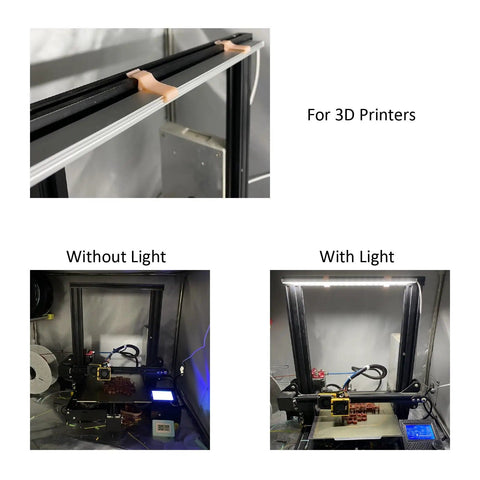 Double LED Light Bar Kit For 3D Printer Enclosures 5W Each 6000K White Light USB Powered aluminum body showing before and after lighting effect