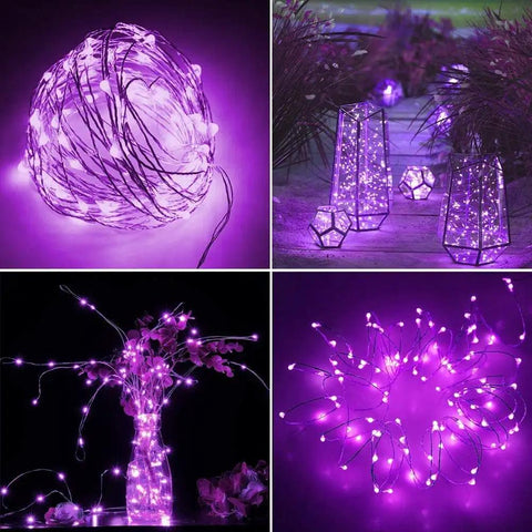 St Patrick's Day Green Fairy Lights Battery Operated 33ft 100 LED Silver Wire With Remote 8 Modes Waterproof Indoor Outdoor String Lights For Tree Wedding Party Decor shown in glowing purple setups
