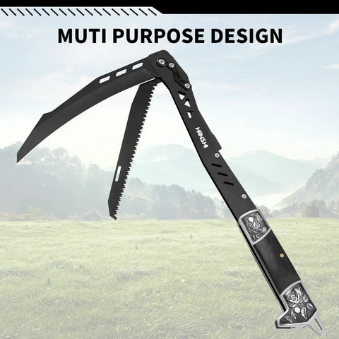 Foldable Sickle With Sheath, Knife And Saw All In One, shown open against outdoor backdrop, multipurpose design.