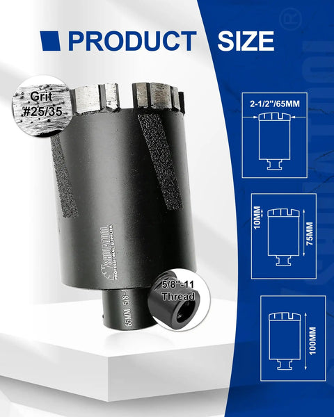 Diamond Core Drill Bits For Hard Stone And Concrete With 65mm Diameter Laser Welded Dry Or Wet Hole Saws Pro Grade And Heavy Duty