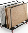 Heavy Duty Folding Table Cart And Drywall Dolly, 1800 Lb Capacity, Moves 10 Tables At Once, black steel cart with wood and stone panels