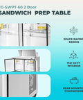 Straight Up Heavy Duty 60 Inch Stainless Steel Refrigerated Sandwich Prep Table With Two Doors And Ample Cold Storage built rock solid, showing space-saving design and 17.8 cu ft interior details.
