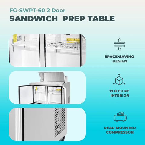 Straight Up Heavy Duty 60 Inch Stainless Steel Refrigerated Sandwich Prep Table With Two Doors And Ample Cold Storage built rock solid, showing space-saving design and 17.8 cu ft interior details.