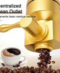 Hustle Ready Wall Mounted Coffee Bean Dispenser Keeps Your Whole Beans Crisp And Properly Locked Away Six Point Five Liter Acrylic Container With Airtight Seal, centralized bean outlet. Coffee beans pouring into cup.