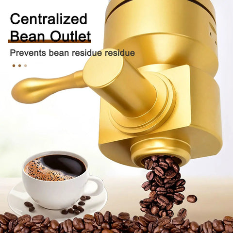 Hustle Ready Wall Mounted Coffee Bean Dispenser Keeps Your Whole Beans Crisp And Properly Locked Away Six Point Five Liter Acrylic Container With Airtight Seal, centralized bean outlet. Coffee beans pouring into cup.