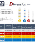 Dimensions chart for 158 Piece Heat Shrink Solder Seal Wire Butt Connector Kit Marine Grade Waterproof Tubes with color coding.