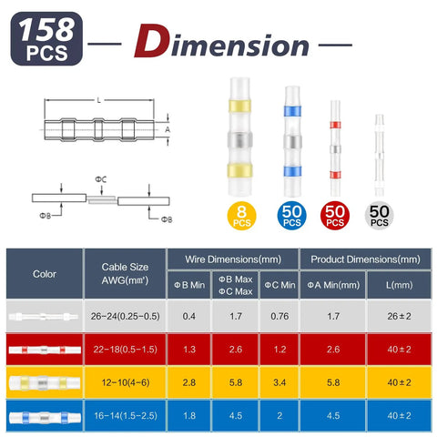 Dimensions chart for 158 Piece Heat Shrink Solder Seal Wire Butt Connector Kit Marine Grade Waterproof Tubes with color coding.