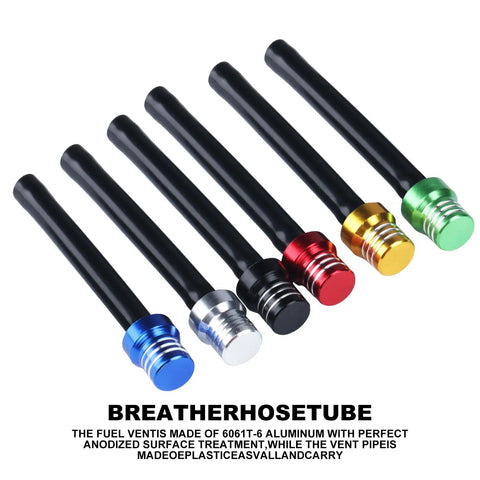 Six Pack Aluminum Universal Motorcycle Breather Vent Hose Kit For Gas Tank Cap And Fuel Tank Vent Tube visible in multiple colors
