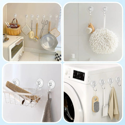 Clear Suction Cup Hooks Set Of 6 For Shower holding kitchen tools and bath accessories, demonstrating removable, reusable use.