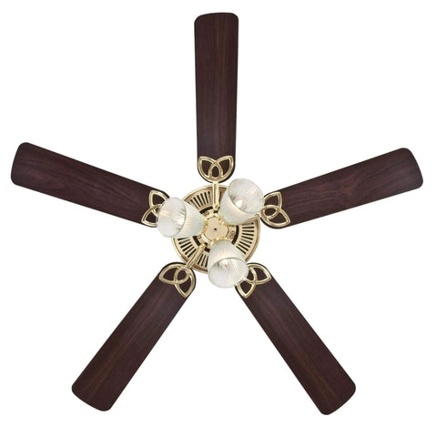 52 Inch LED Indoor Ceiling Fan With Light Kit, Polished Brass Finish, Reversible Walnut Blades, Clear Ribbed Glass Light