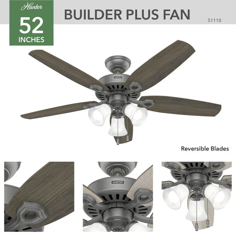 52 Inch Indoor Ceiling Fan With LED Lights And Pull Chain No Remote For Bedroom Or Living Room Five Blades Standard Mount Includes Bright LEDs Matte Silver Finish Easy Install, showcasing reversible wood finish blades