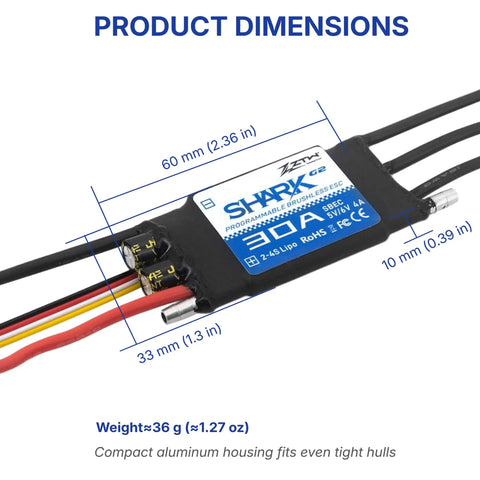 Shark G2 30A Brushless ESC With Water Cooling dimensions, showing 60mm by 33mm by 10mm; ideal for RC boats.