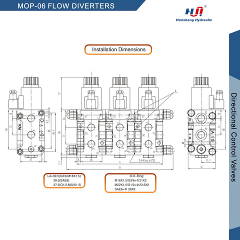 Four 6-port hydraulic solenoid flow diverter valves, stackable circuit selector, 12V DC, G3/8, 50 LPM, 25 MPa