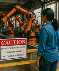 Woman observing robotic arms in an industrial setting with caution sign in foreground