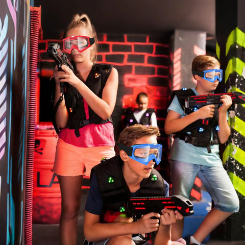 Kids wearing Heavy Duty 2 Pack Tactical Security Eyewear With Quick Snap Lenses for Nerf match play in bright game room.