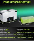 Mntnco 30L Ultrasonic Cleaner With Heating And Deep Clean Mode Touch Control dimensions and features diagram.