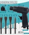Specifications of 4500 BPM Air Hammer Kit with 150mm stroke and 4-piece air chisel set for auto repair and metalworking.