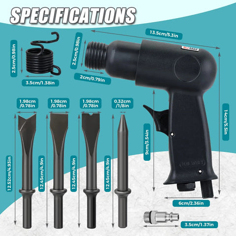 Specifications of 4500 BPM Air Hammer Kit with 150mm stroke and 4-piece air chisel set for auto repair and metalworking.